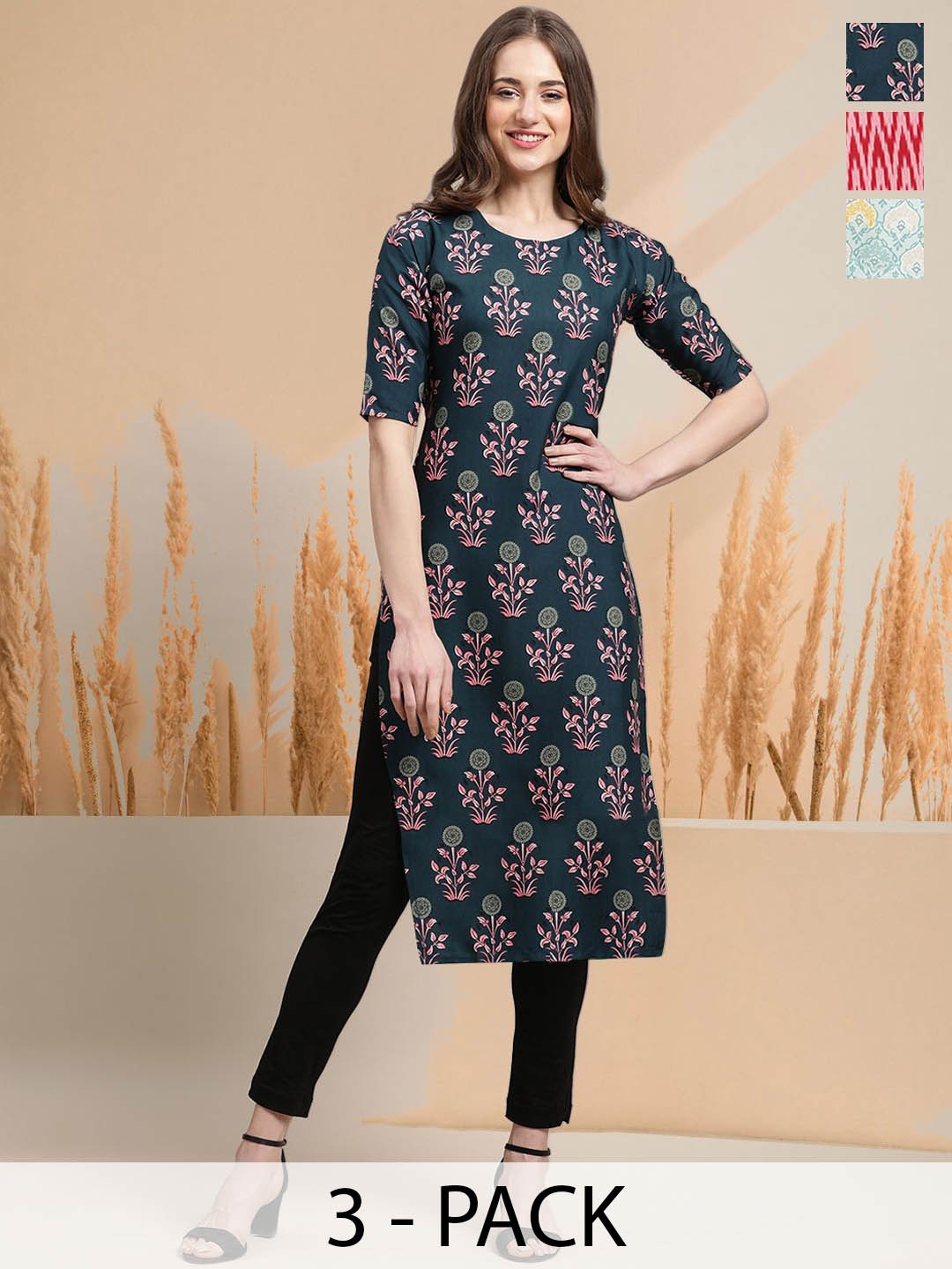 

7Threads Selection Of 3 Floral Printed Round Neck Straight Kurtas, Navy blue