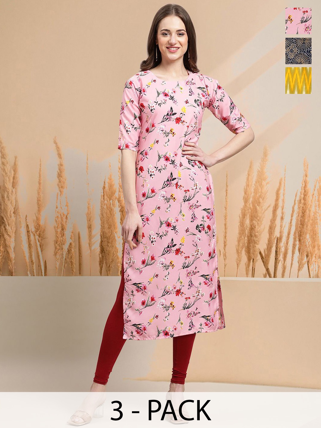 7Threads Selection Of 3 Floral Printed Round Neck Straight Kurtas, Pink