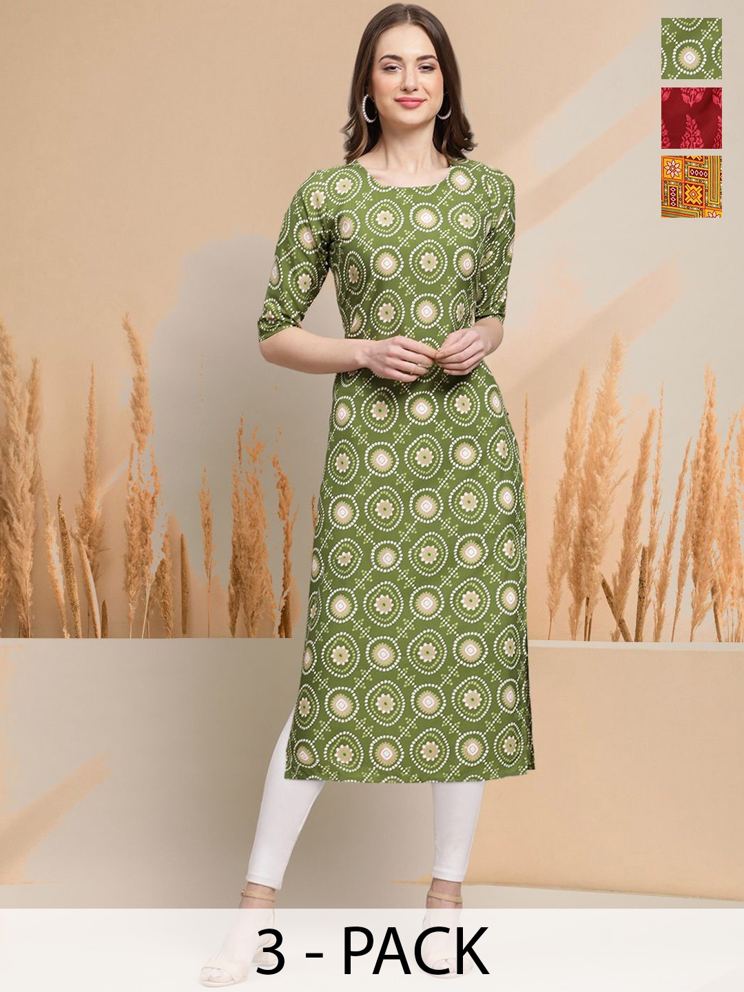 

7Threads Selection Of 3 Ethnic Motifs Printed Round Neck Straight Kurtas, Green