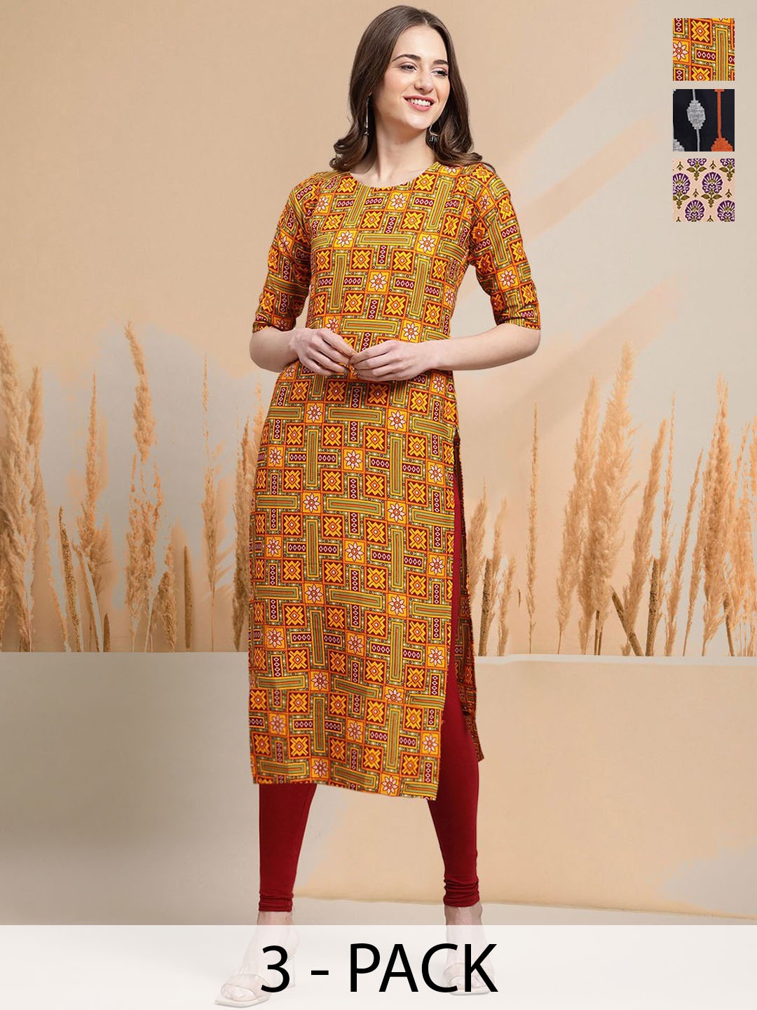 

7Threads Selection Of 3 Geometric Printed Round Neck Straight Kurtas, Yellow