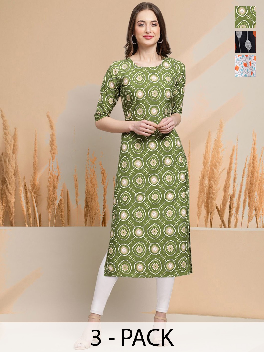 

7Threads Selection Of 3 Ethnic Motifs Printed Round Neck Straight Kurtas, Green