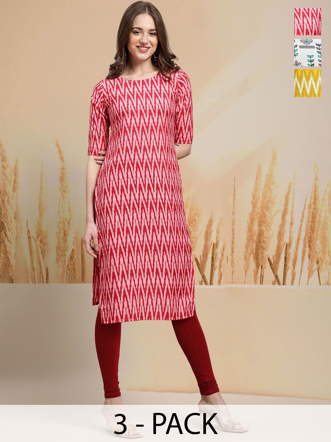 

7Threads Selection of 3 Chevron Printed Round Neck Straight Kurtas, Red