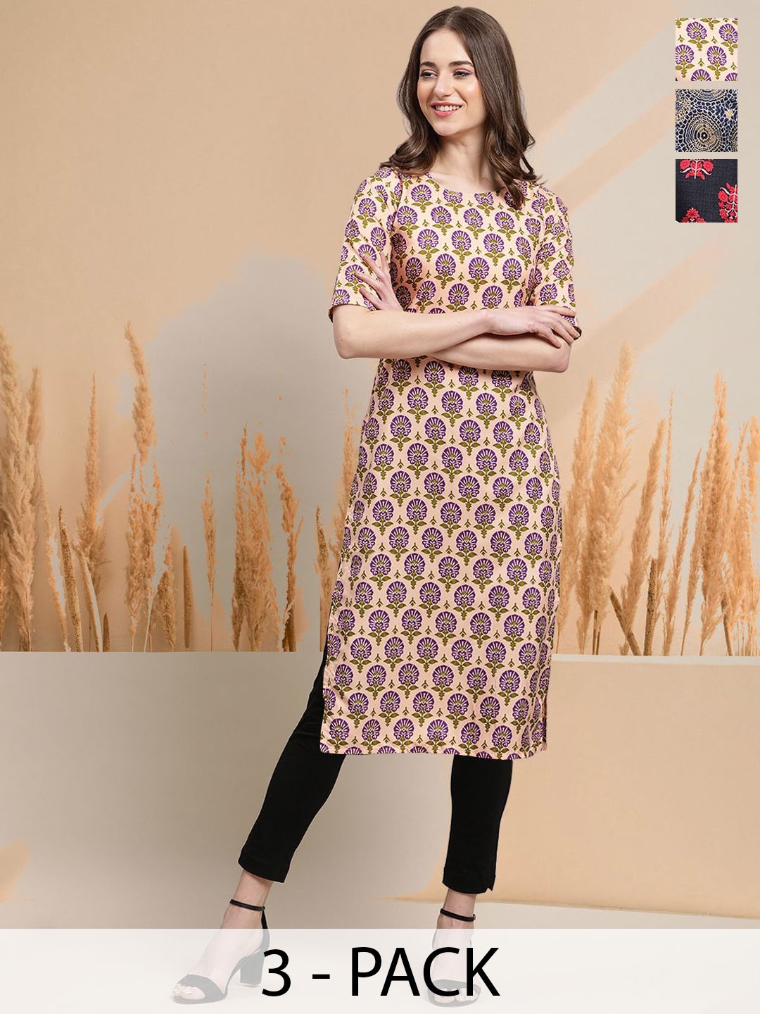 

7Threads Selection Of 3 Floral Printed Round Neck Straight Kurtas, Cream