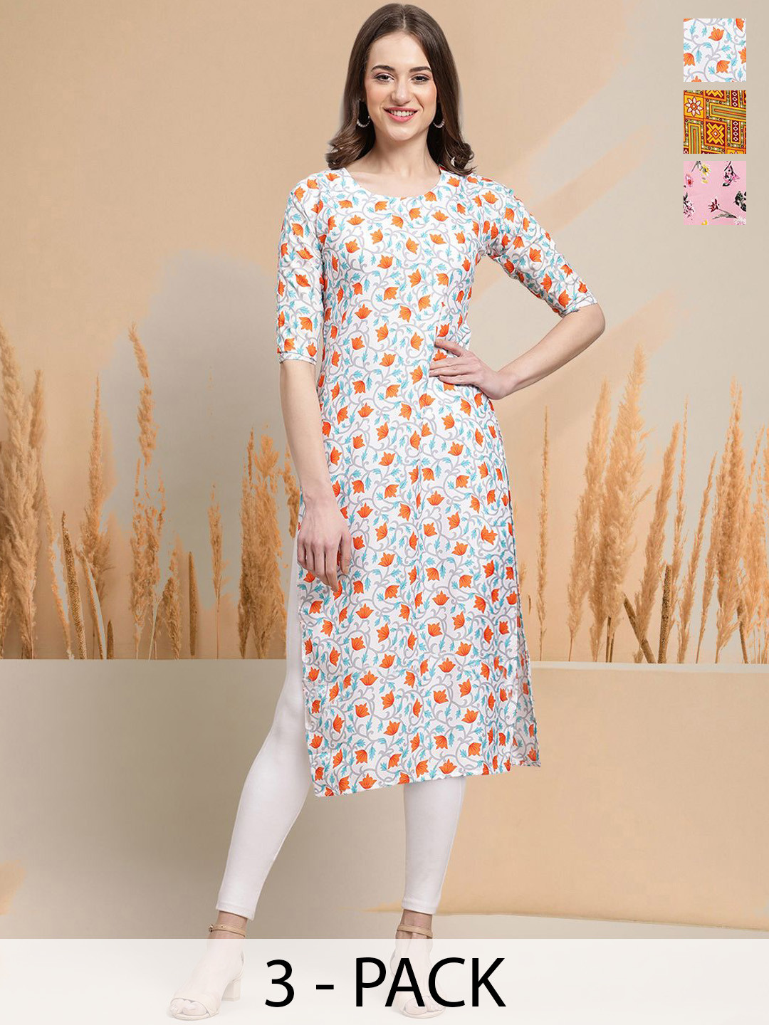 

7Threads Selection Of 3 Floral Printed Round Neck Straight Kurtas, White