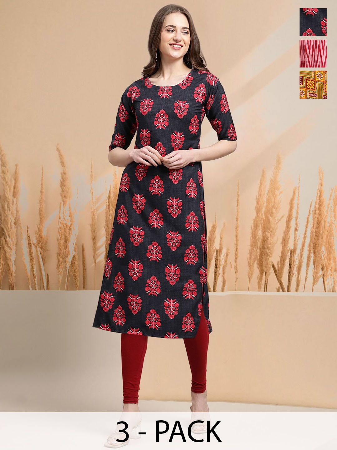 

7Threads Selection Of 3 Floral Printed Round Neck Straight Kurtas, Black