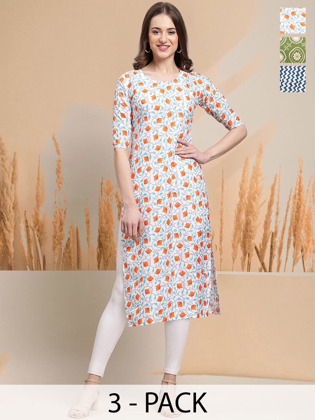 

7Threads Selection Of 3 Floral Printed Round Neck Straight Kurtas, White