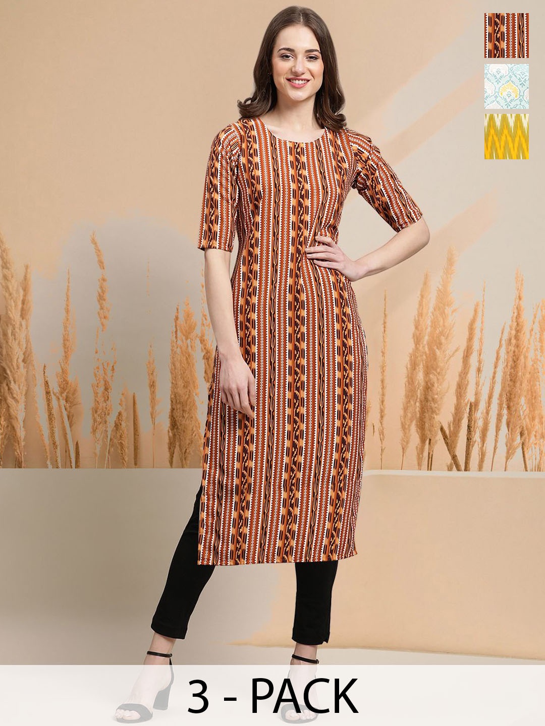 

7Threads Selection of 3 Geometric Printed Round Neck Straight Kurtas, Brown