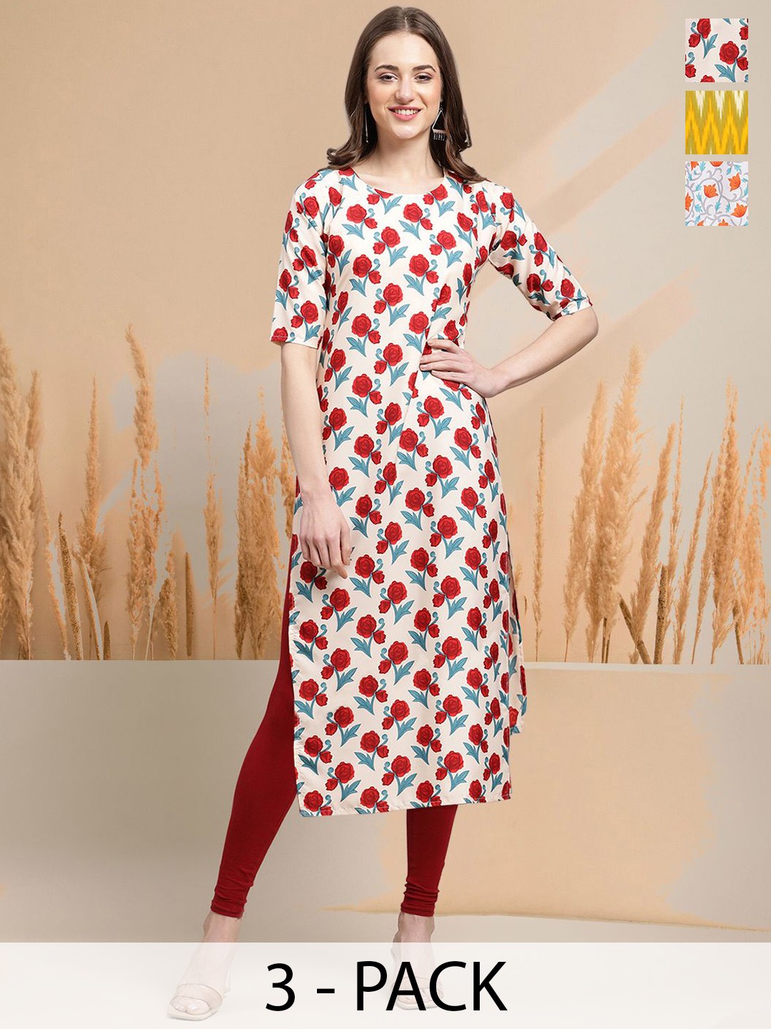 

7Threads Selection Of 3 Floral Printed Round Neck Straight Kurtas, Multi