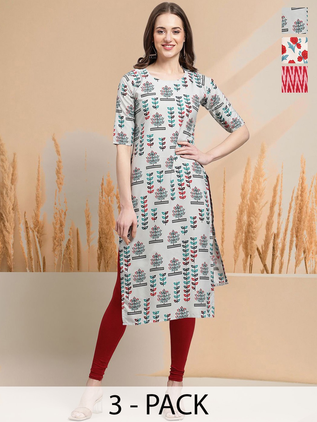 

7Threads Selection Of 3 Floral Printed Round Neck Straight Kurtas, Blue