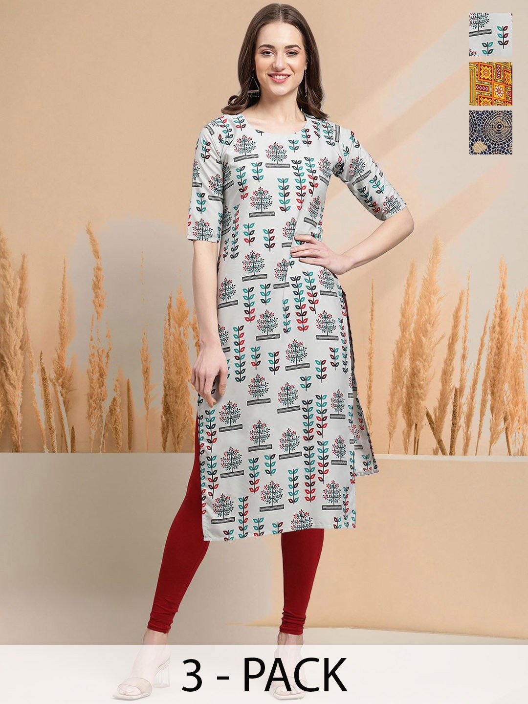 

7Threads Selection Of 3 Floral Printed Round Neck Straight Kurtas, Grey