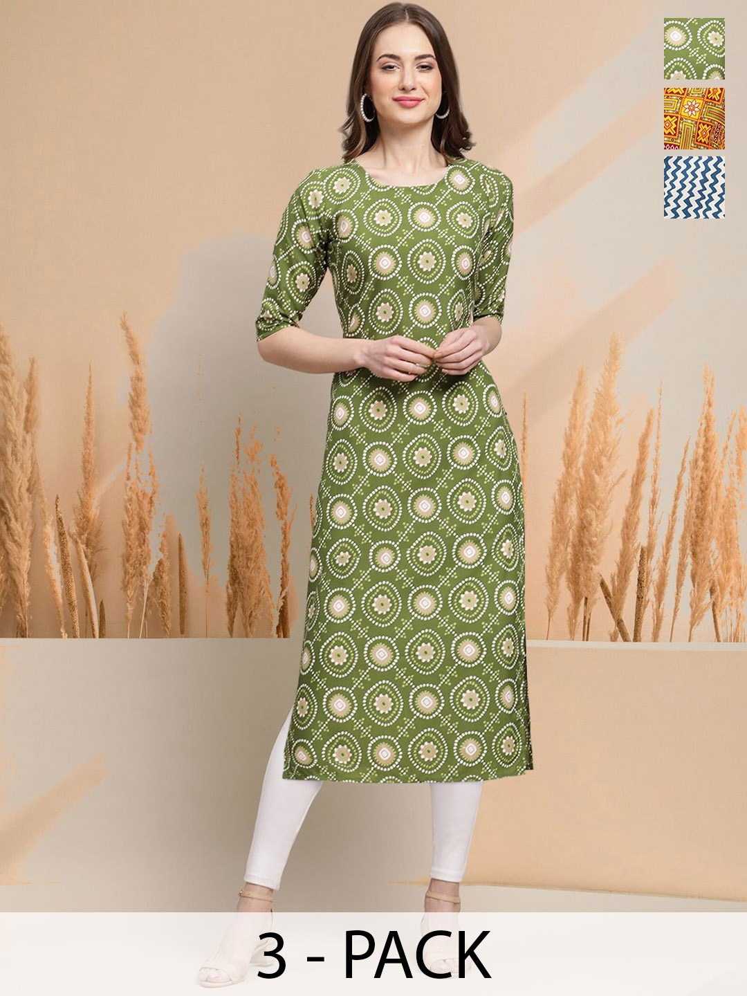 

7Threads Selection Of 3 Ethnic Motifs Printed Round Neck Kurta, Green