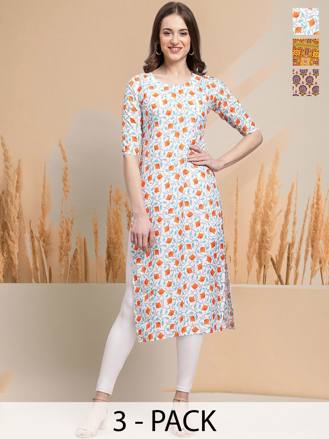 

7Threads Selection Of 3 Floral Printed Round Neck Straight Kurtas, White
