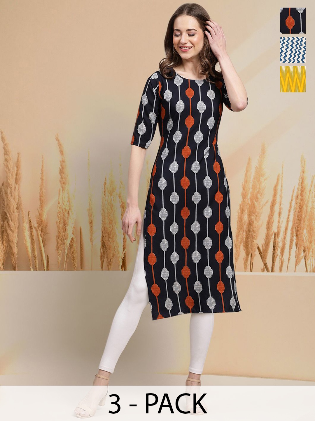 

7Threads Selection Of 3 Chevron Printed Round Neck Straight Kurtas, Black