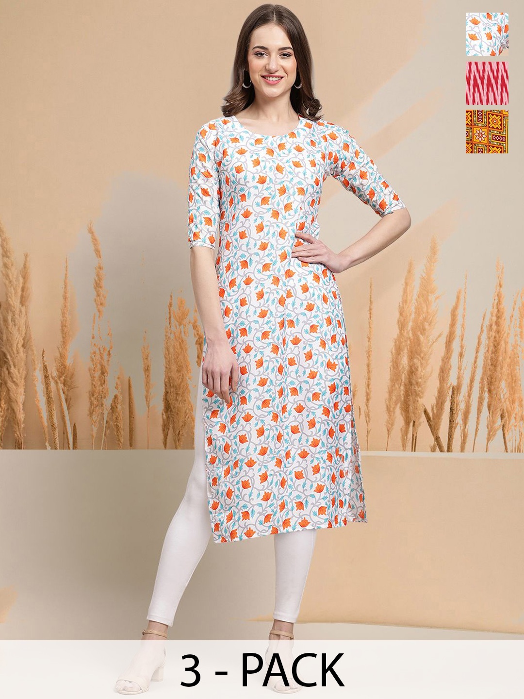 

7Threads Selection Of 3 Floral Printed Round Neck Straight Kurtas, White
