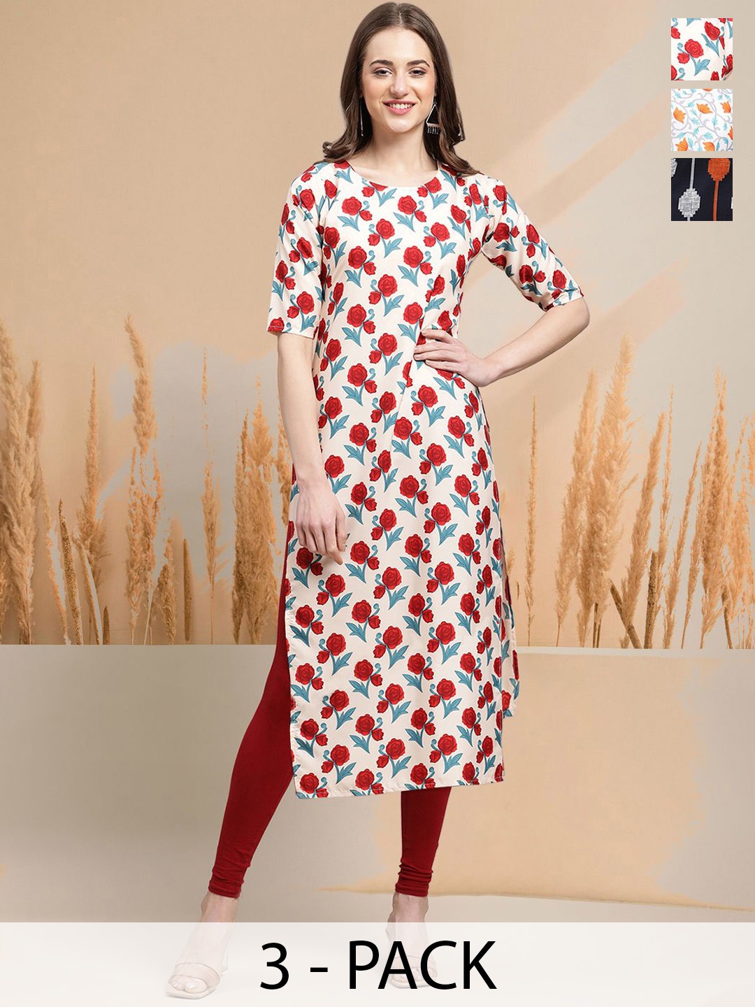 

7Threads Selection Of 3 Floral Printed Round Neck Straight Kurtas, Pink