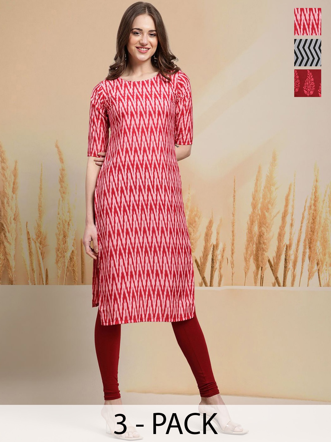 

7Threads Selection Of 3 Chevron Printed Round Neck Straight Kurtas, Red