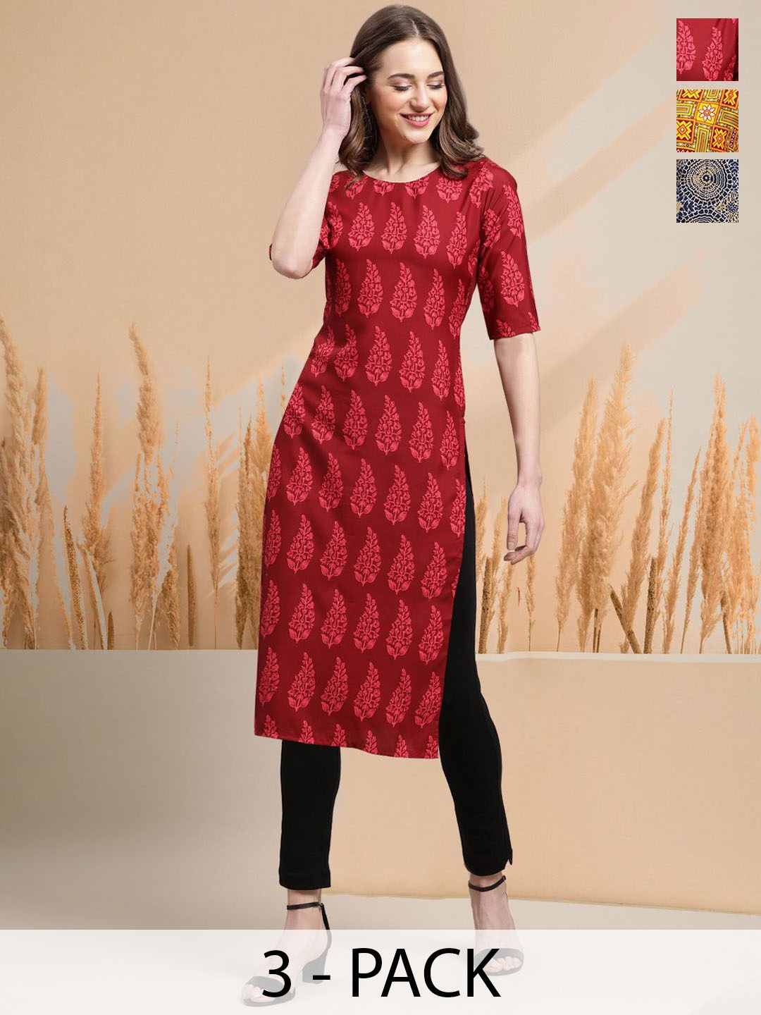 

7Threads Selection of 3 Floral Printed Round Neck Straight Kurtas, Red