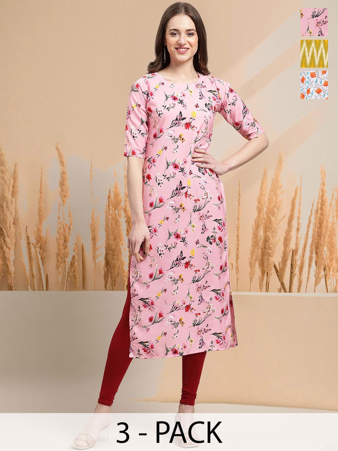 

7Threads Selection Of 3 Floral Printed Round Neck Straight Kurtas, Pink