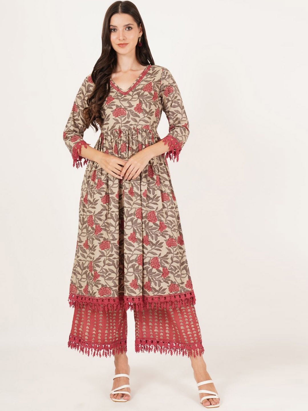

KALINI Floral Printed V-Neck Pleated Pure Cotton A-Line Kurta With Palazzos, Beige