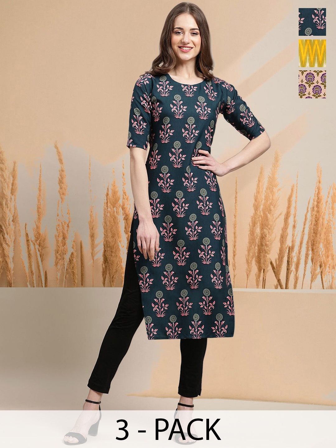 

7Threads Selection Of 3 Floral Printed Round Neck Straight Kurtas, Blue