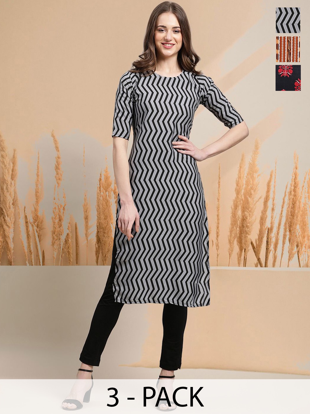 

7Threads Selection of 3 Striped Round Neck Straight Kurtas, Black