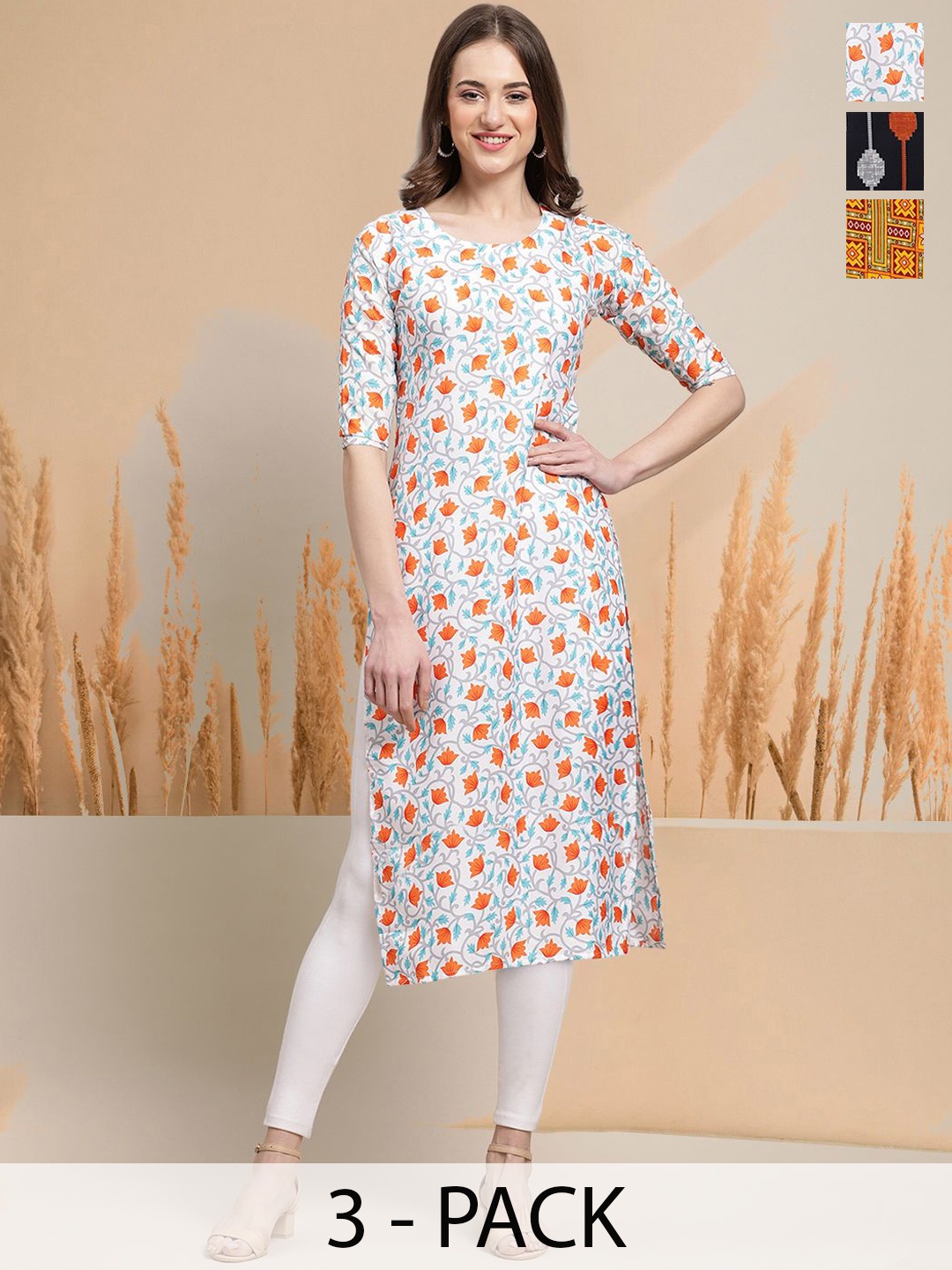 

7Threads Selection of 3 Floral Printed Round Neck Straight Kurtas, White