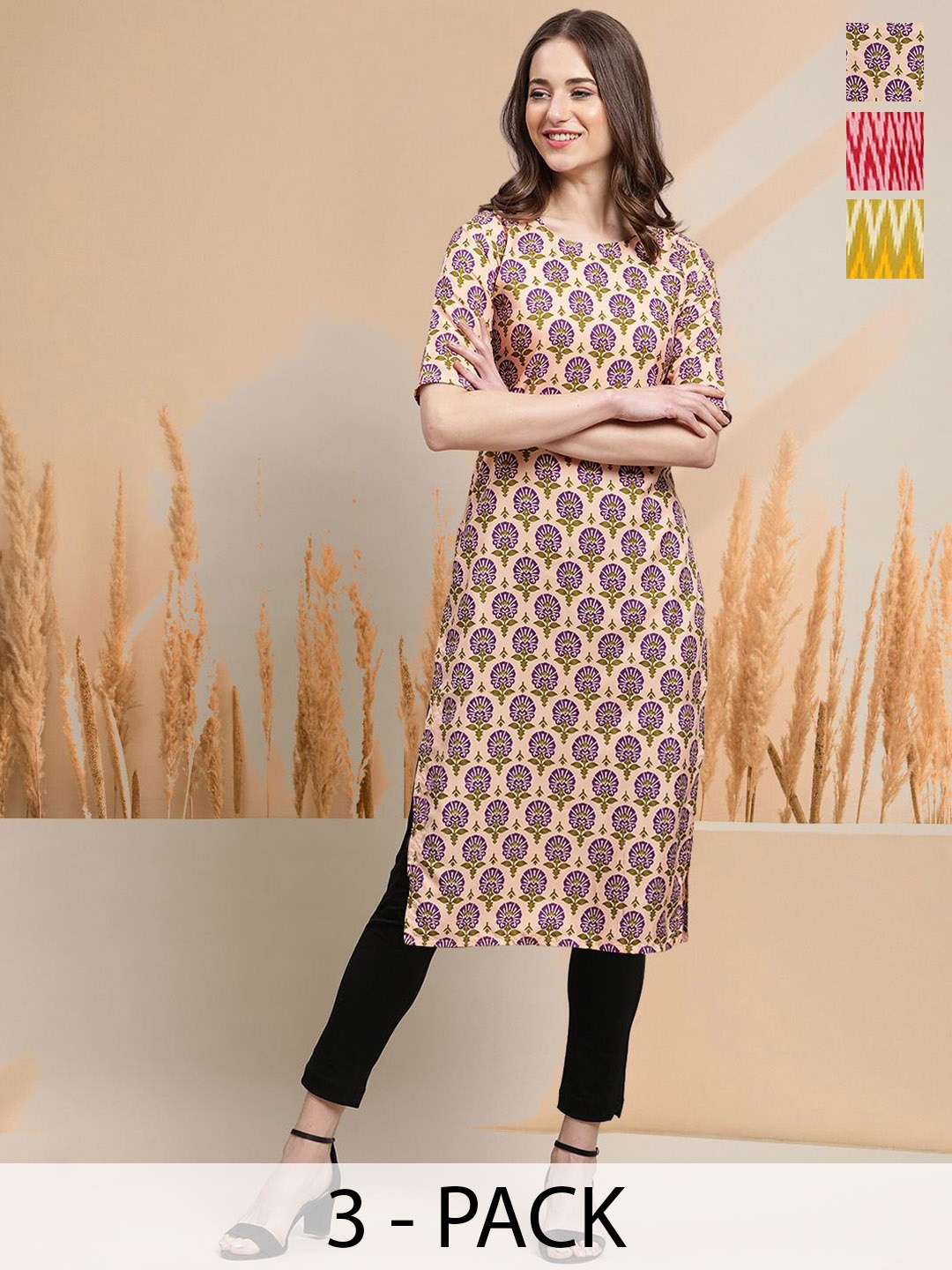 

7Threads Selection of 3 Floral Printed Round Neck Straight Kurtas, Pink