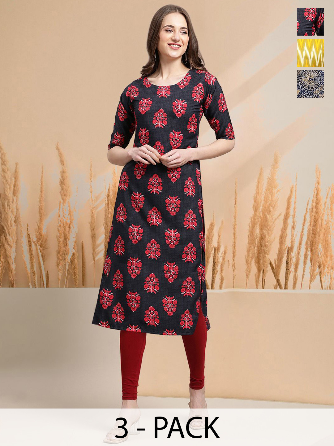 

7Threads Selection Of 3 Floral Printed Round Neck Straight Kurtas, Navy blue