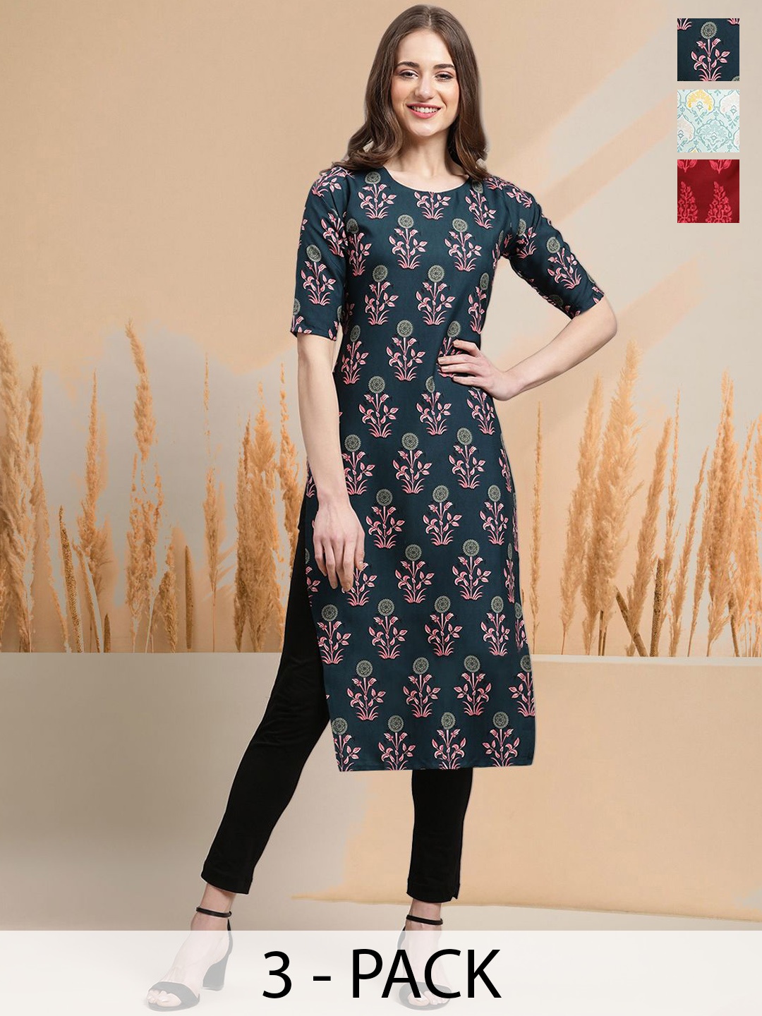 

7Threads Selection Of 3 Floral Printed Round Neck Straight Kurtas, Green