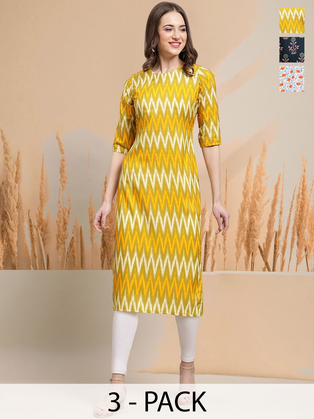 

7Threads Selection Of 3 Chevron Printed Round Neck Straight Kurtas, Yellow