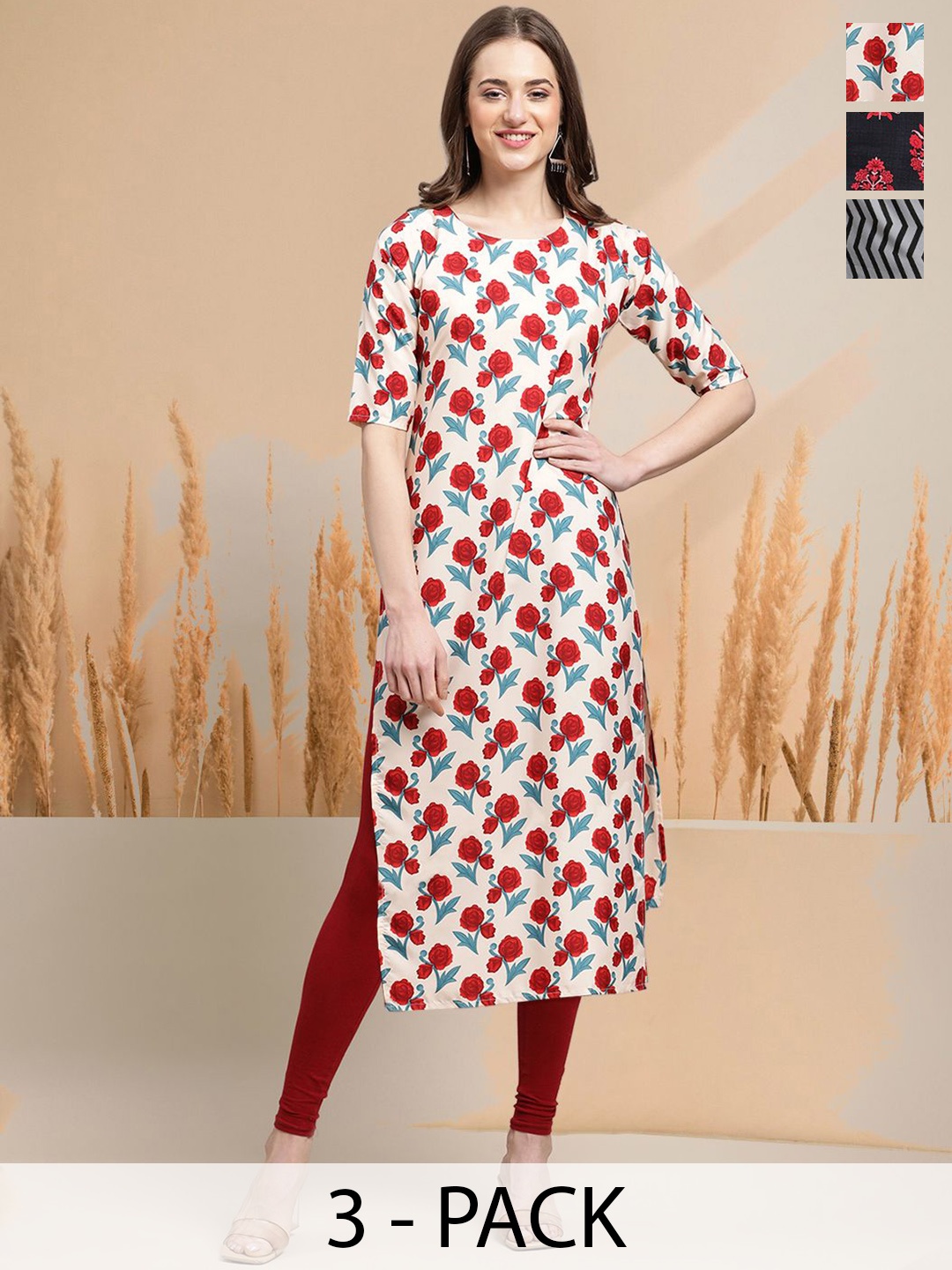

7Threads Selection Of 3 Floral Printed Round Neck Straight Kurtas, Off white