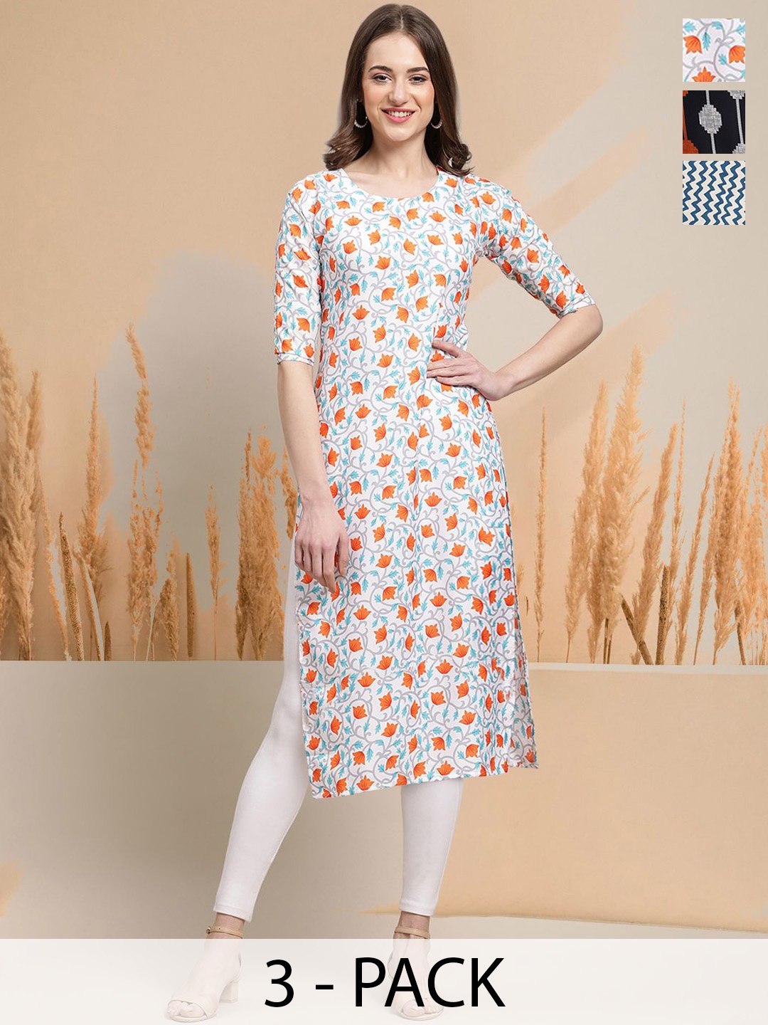 

7Threads Selection of 3 Floral Printed Round Neck Straight Kurtas, White