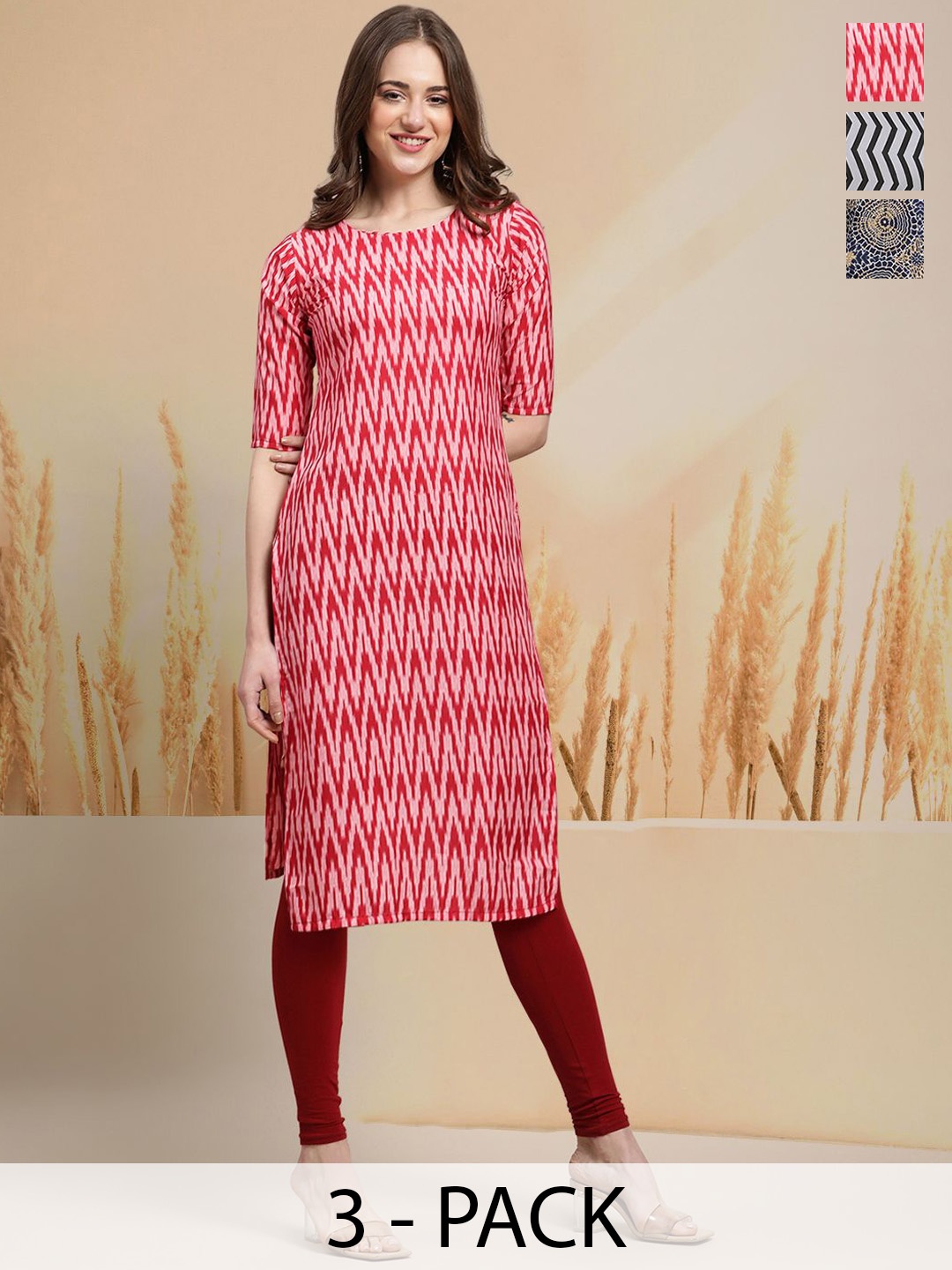 

7Threads Selection Of 3 Chevron Printed Round Neck Straight Kurtas, Red