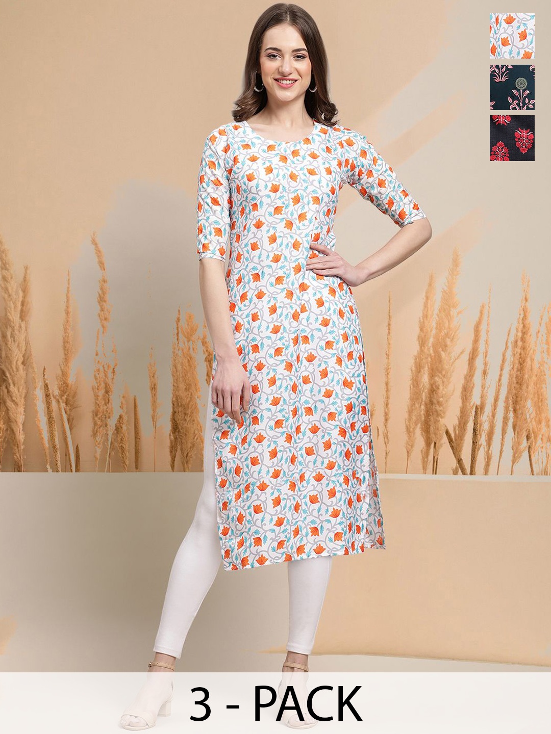 

7Threads Selection Of 3 Floral Printed Round Neck Straight Kurtas, White