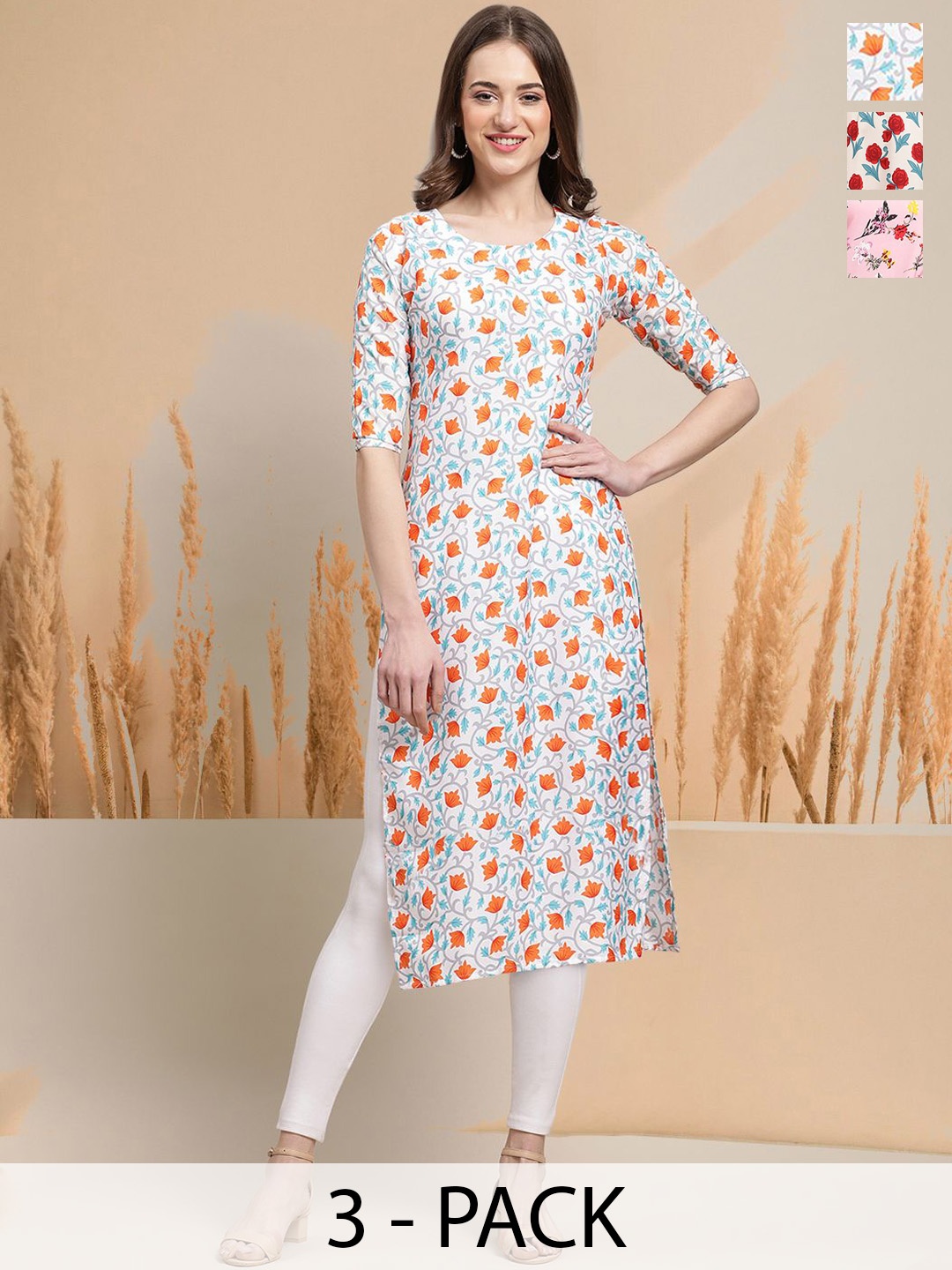 

7Threads Selection of 3 Floral Printed Round Neck Straight Kurtas, White