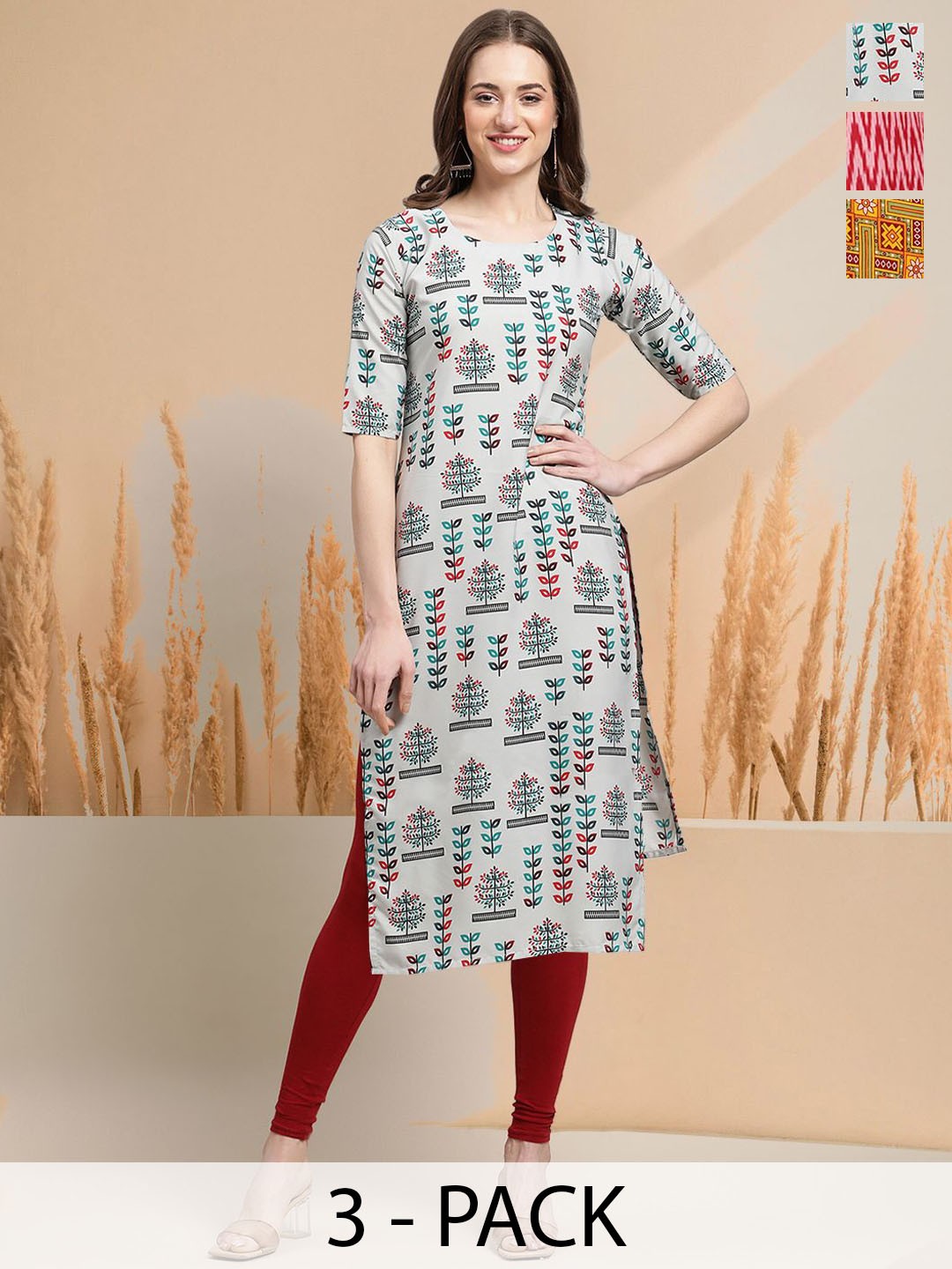 

7Threads Selection Of 3 Floral Printed Round Neck Straight Kurtas, Blue