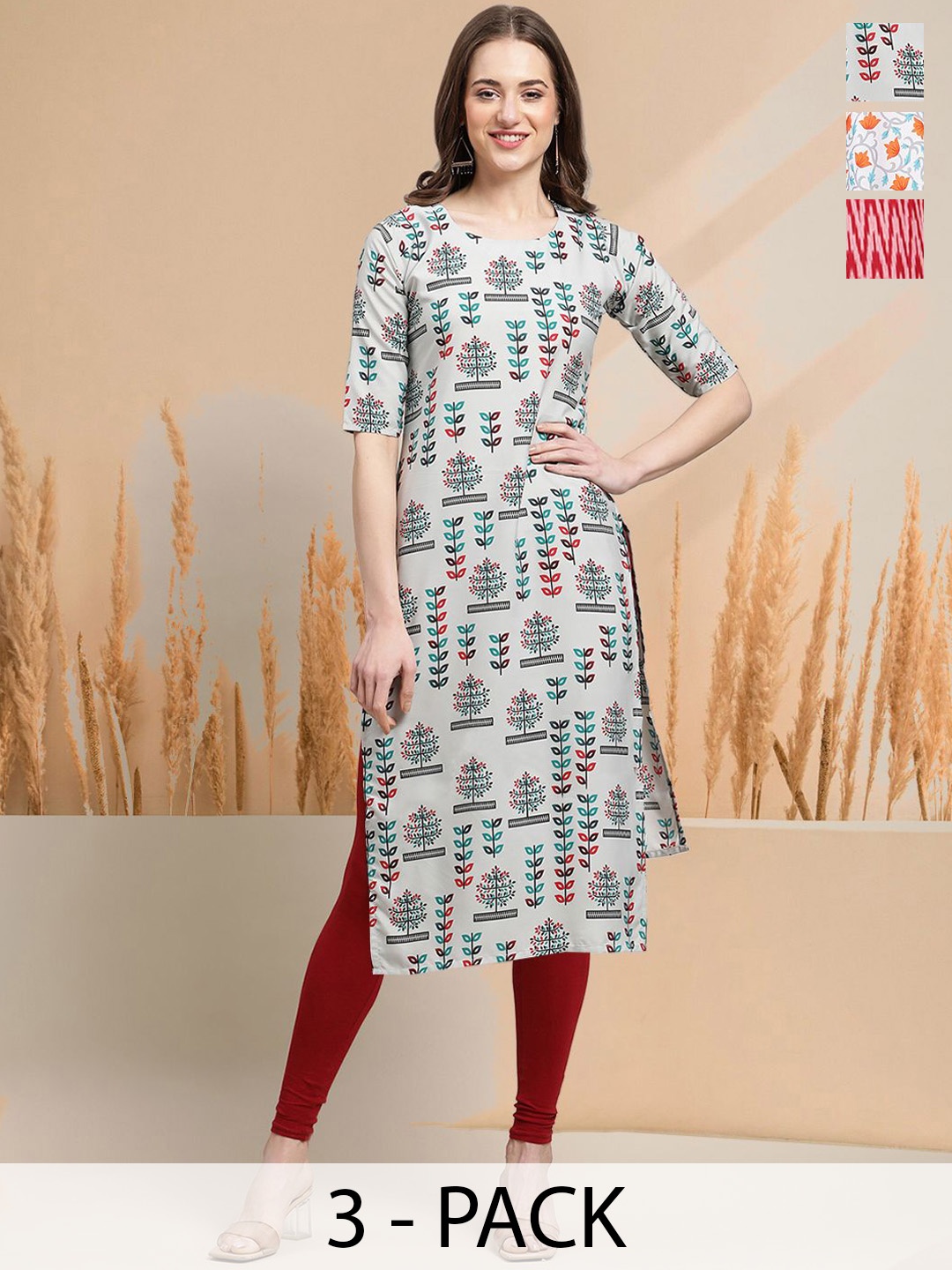 

7Threads Selection Of 3 Floral Printed Round Neck Straight Kurtas, Grey