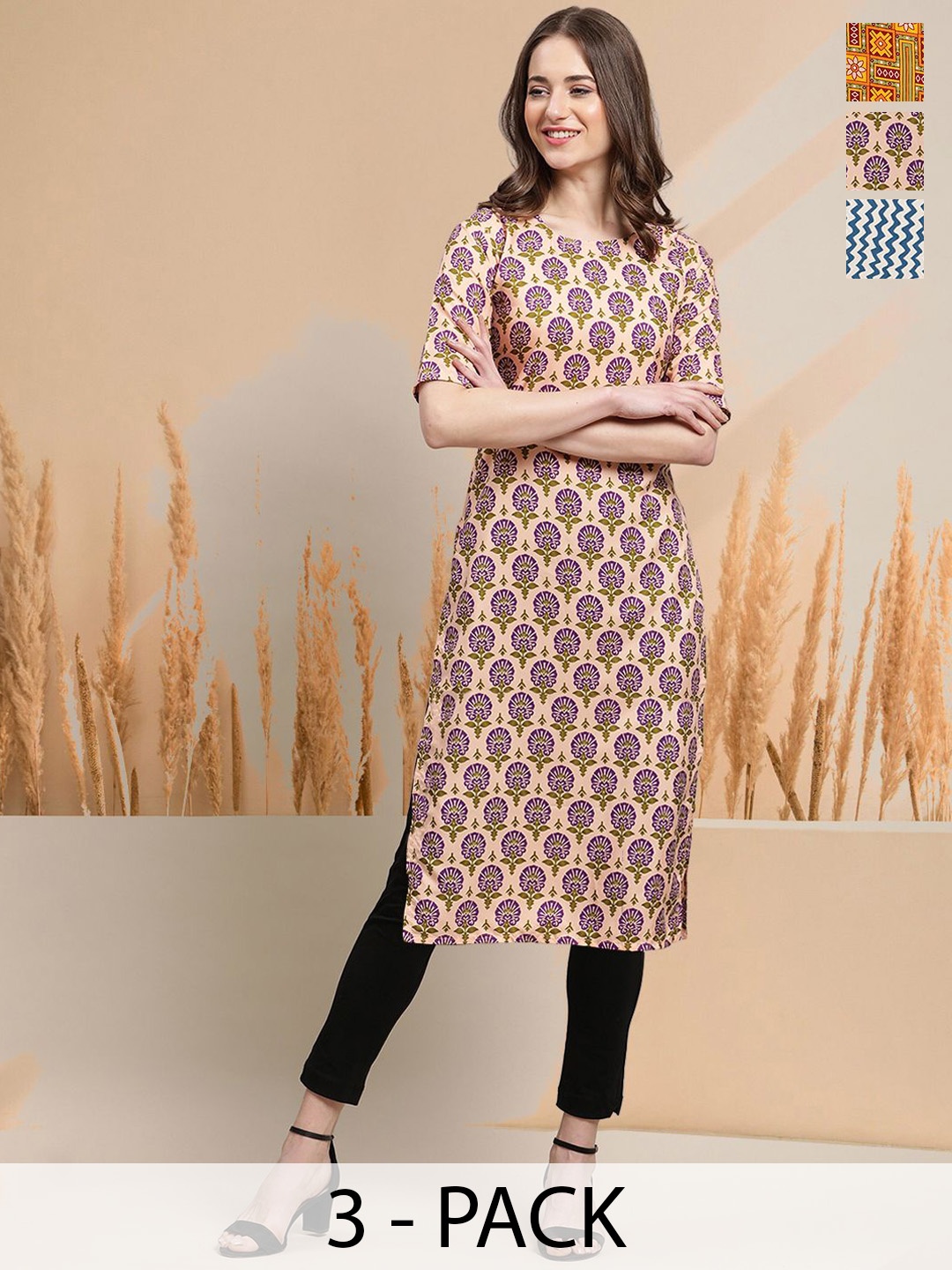 

7Threads Selection Of 3 Floral Printed Round Neck Straight Kurtas, Pink