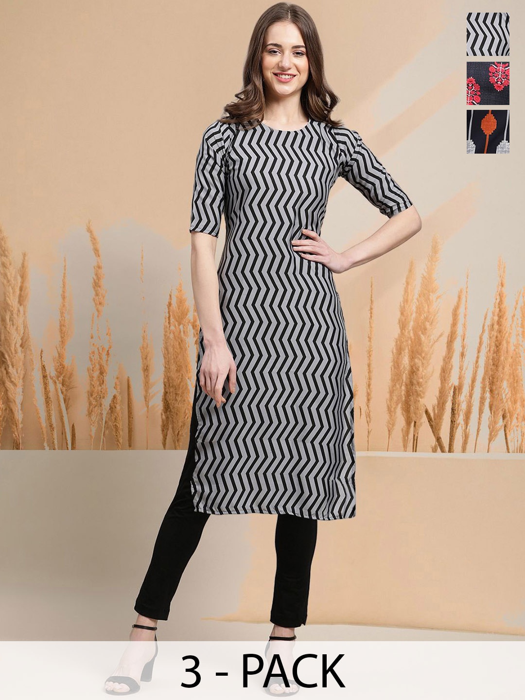 

7Threads Selection of 3 Chevron Printed Round Neck Straight Kurtas, Grey