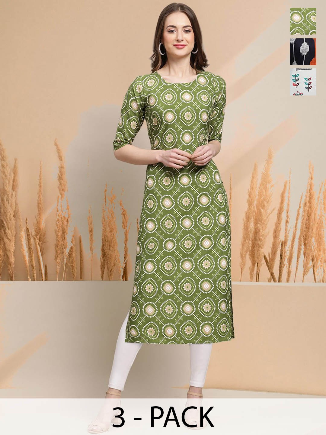 

7Threads Selection Of 3 Floral Printed Round Neck Straight Kurtas, Green