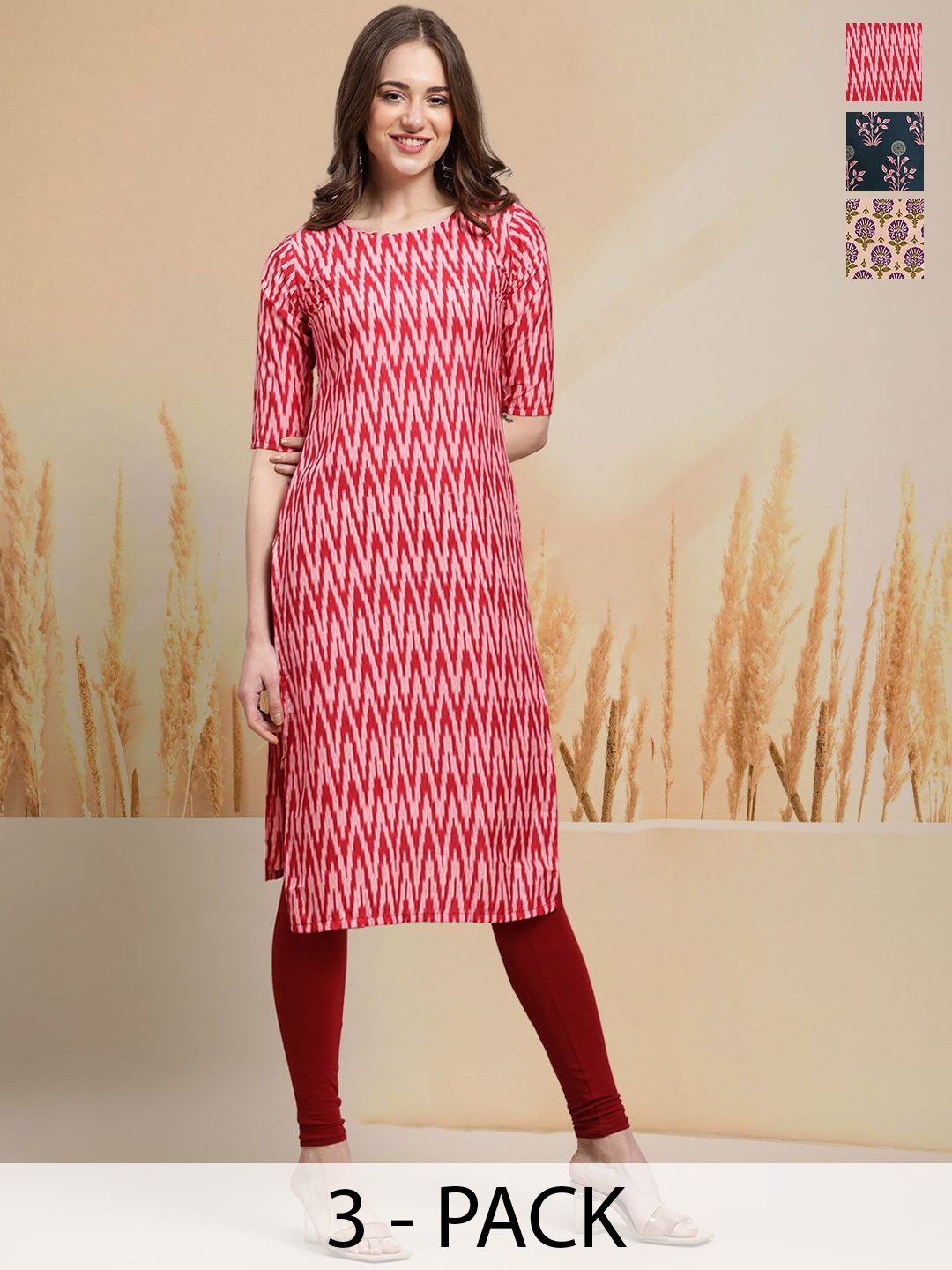 

7Threads Selection Of 3 Chevron Printed Round Neck Straight Kurtas, Red