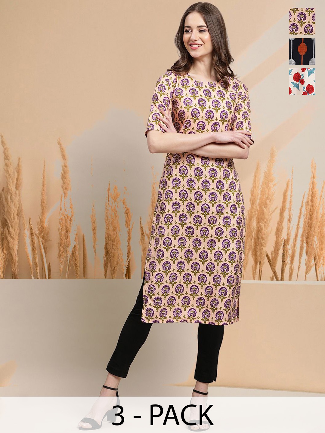 

7Threads Selection Of 3 Ethnic Motifs Printed Round Neck Kurtas, Peach