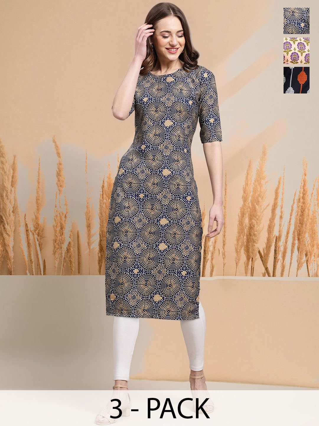 

7Threads Selection Of 3 Ethnic Motifs Printed Round Neck Straight Kurtas, Beige