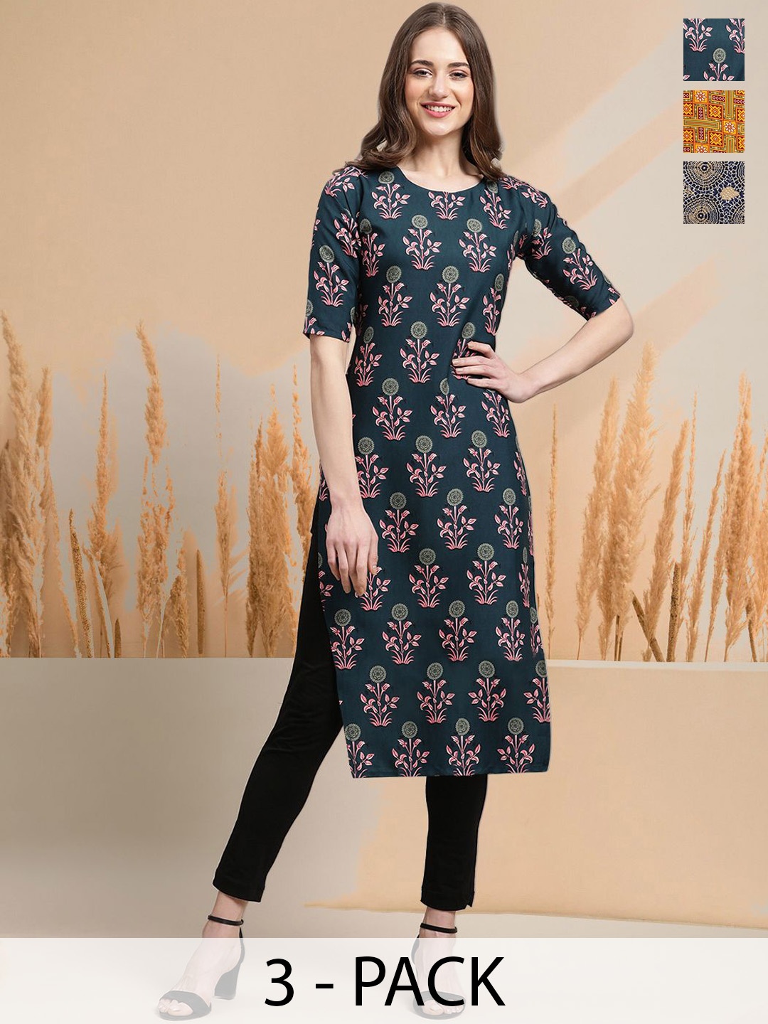 

7Threads Selection Of 3 Floral Printed Round Neck Straight Kurtas, Navy blue