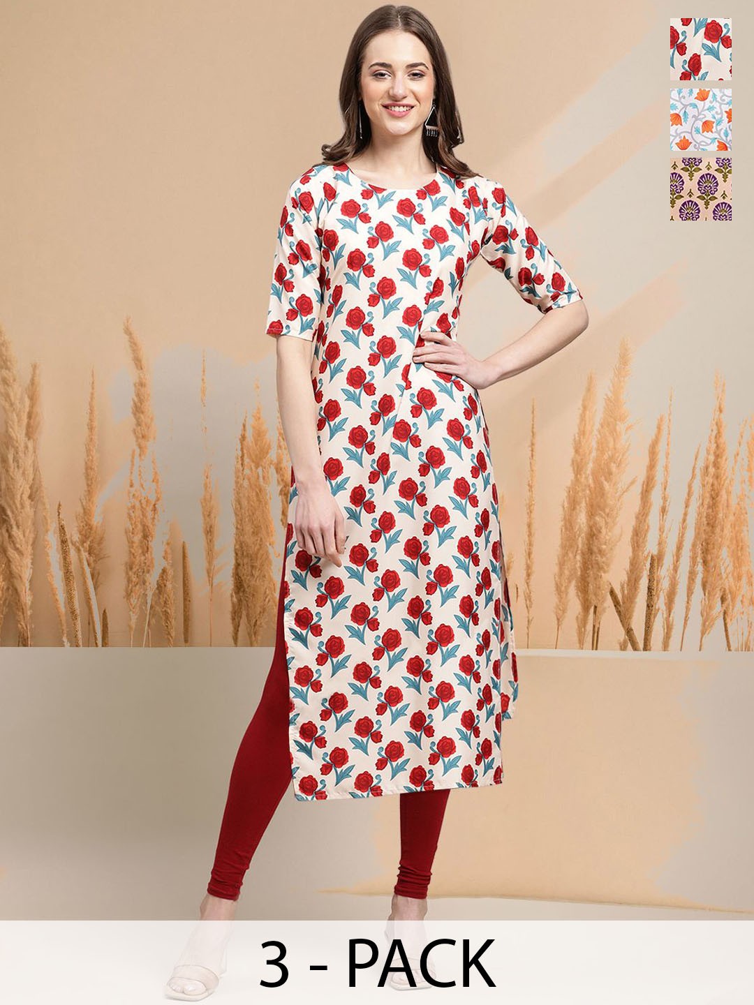 

7Threads Selection Of 3 Floral Printed Round Neck Straight Kurtas, White