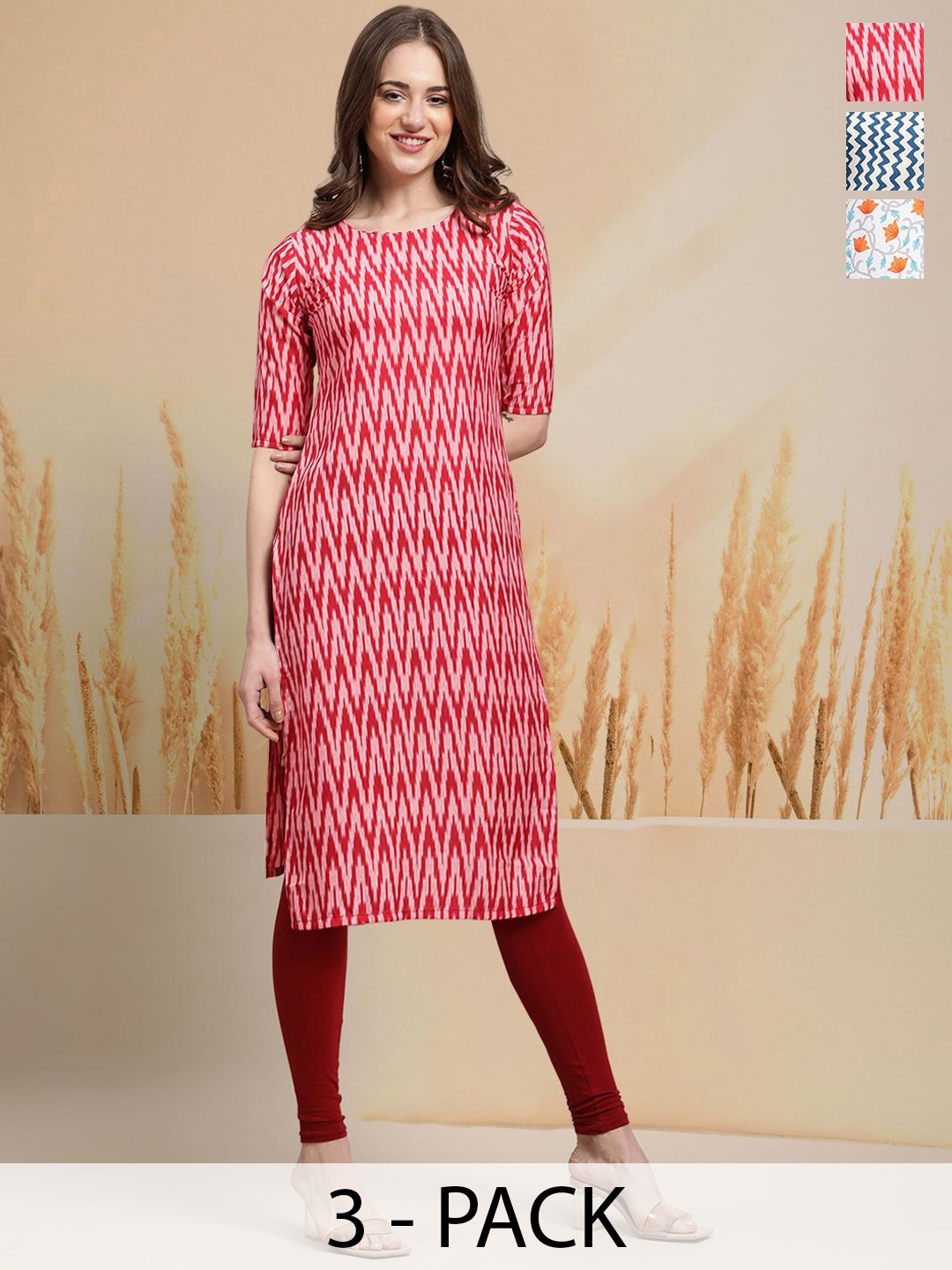

7Threads Selection Of 3 Geometric Printed Round Neck Straight Kurtas, Pink