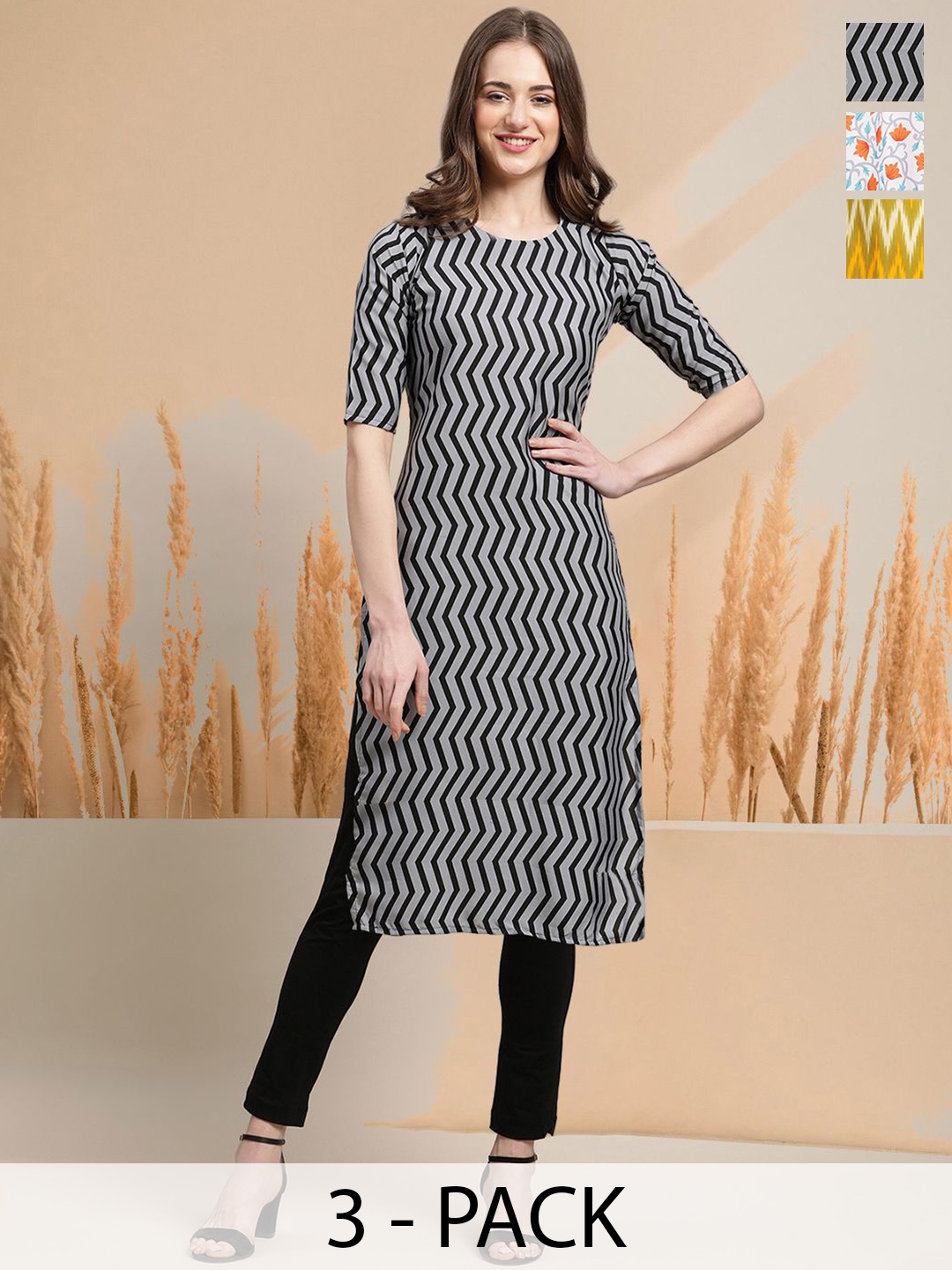

7Threads Selection Of 3 Chevron Printed Round Neck Kurta, Grey