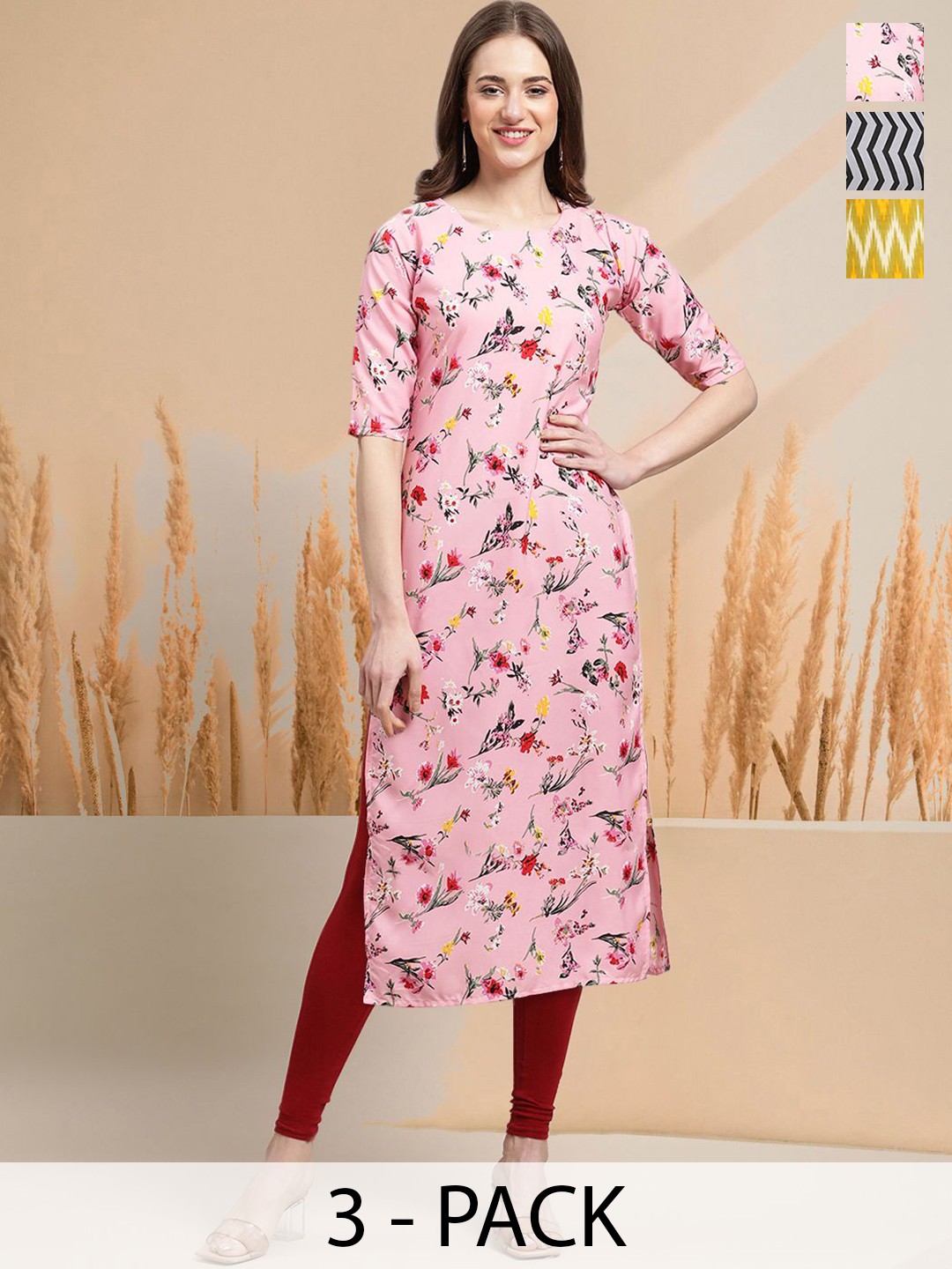 

7Threads Selection Of 3 Floral Printed Round Neck Straight Kurtas, Pink