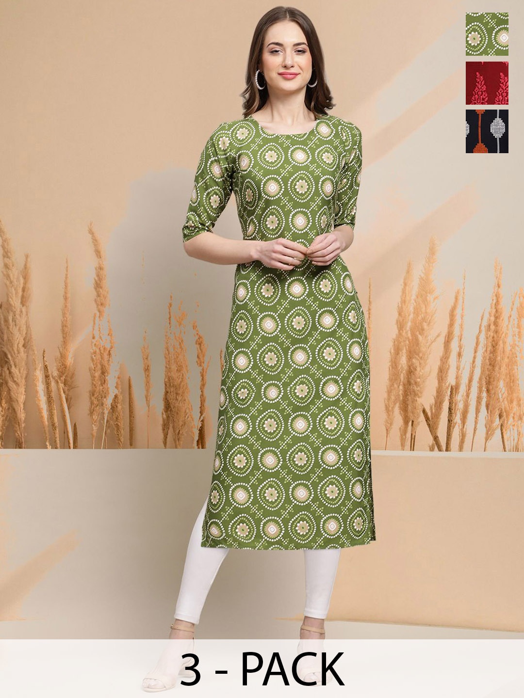 

7Threads Selection Of 3 Ethnic Motifs Printed Round Neck Straight Kurtas, Green