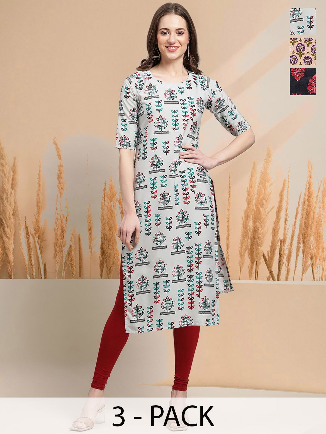 

7Threads Selection Of 3 Floral Printed Round Neck Straight Kurtas, Grey